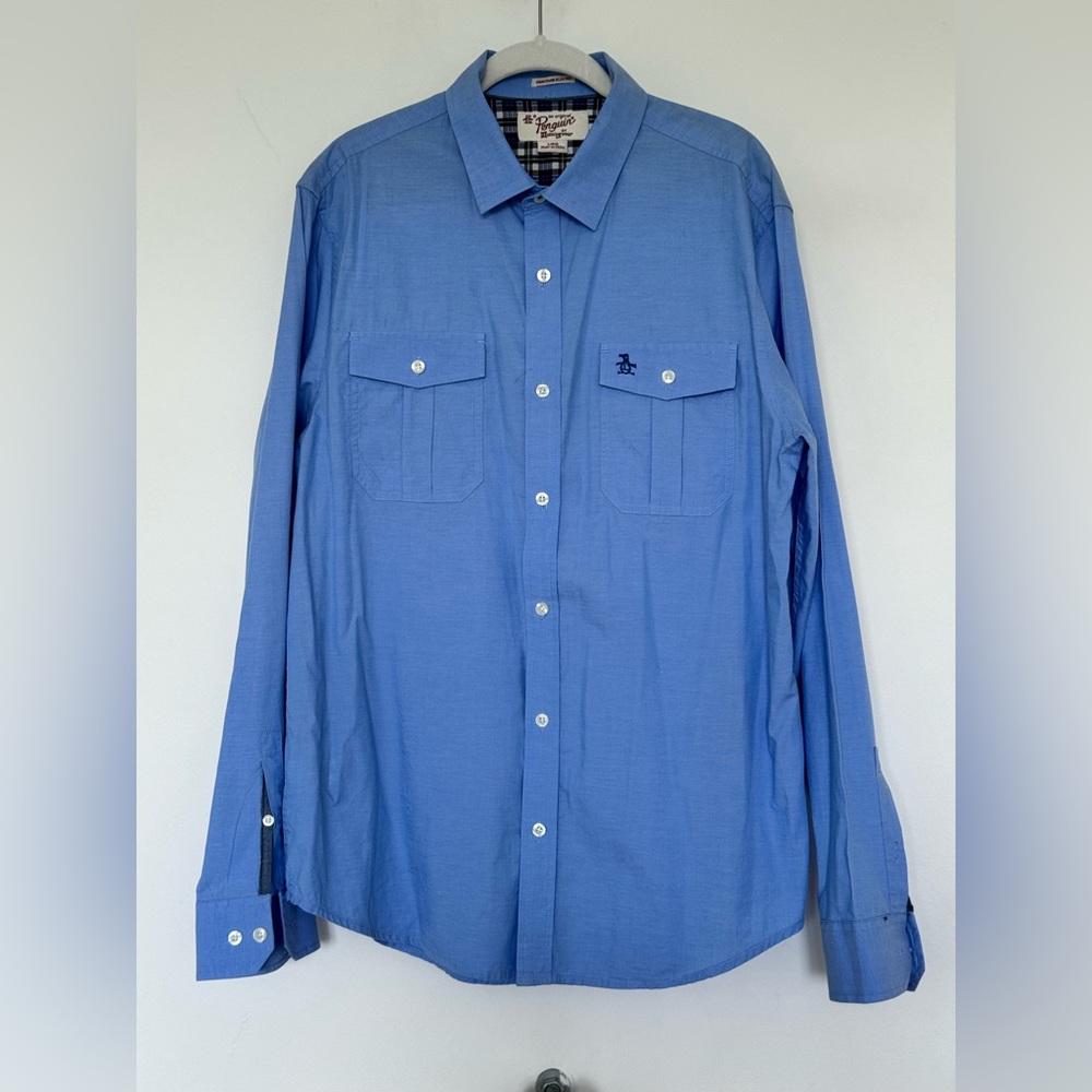 Original Penguin Blue Casual Button Down Shirt, 100% cotton, slim fit, size L